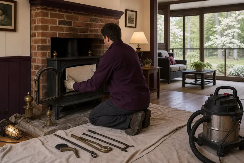 A technician fitting a refractory panel into the firebox of a cast-iron wood stove on a stone hearth pad, the fireplace cold and unlit; illustrative image