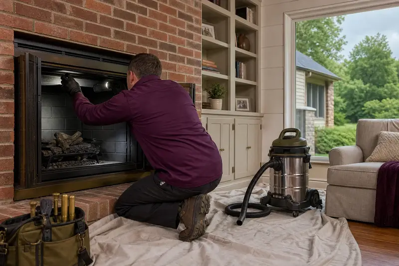 A technician checking the damper of a direct-vent gas fireplace with a flashlight before the heating season, the fireplace cold; illustrative image