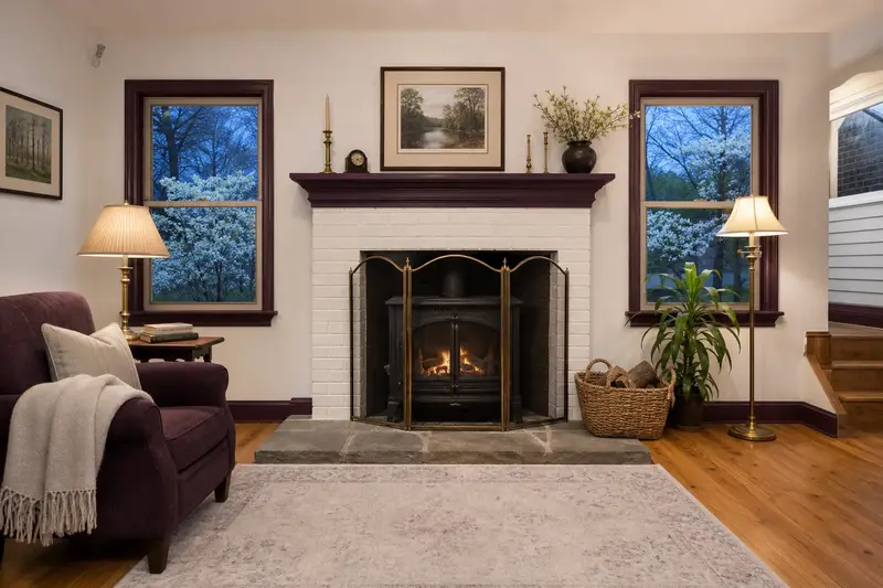 A quiet hearth room with a cast-iron wood stove on a stone hearth pad and a reading chair; illustrative image