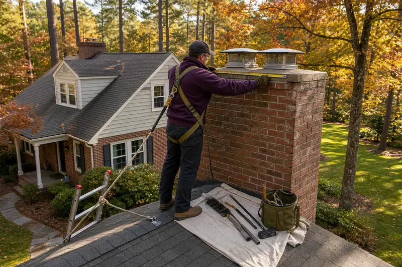 A harnessed technician measuring a two-flue brick chimney with a stainless steel cap on a dry roof; illustrative image