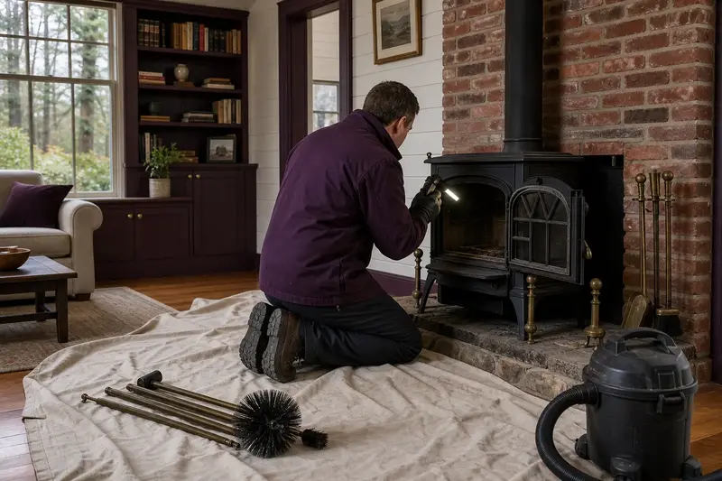 A technician holding an inspection light at a cast-iron wood stove on a stone hearth pad, a brush kit waiting on the drop cloth; illustrative image