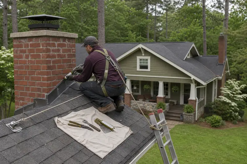 A harnessed technician sealing the step flashing where an exterior end brick chimney on a gable roof meets the roof; illustrative image