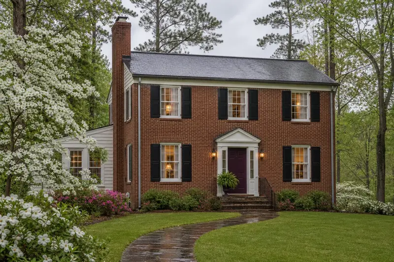 A 1950s brick colonial with black shutters after a heavy rain with a red brick chimney with a concrete crown on an asphalt shingle roof, wet roofs and clear gutters; illustrative image