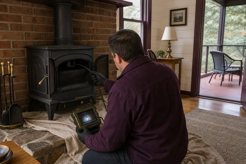 A technician guiding an inspection camera into the smoke chamber of a cast-iron wood stove on a stone hearth pad, the fireplace cold and unlit; illustrative image