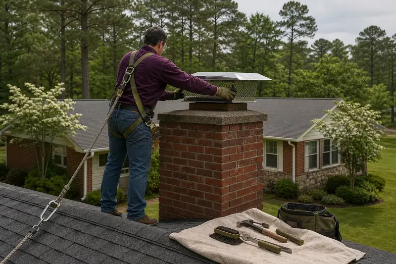 A harnessed technician setting a stainless steel mesh chimney cap onto a red brick chimney with a concrete crown on an asphalt shingle roof; illustrative image