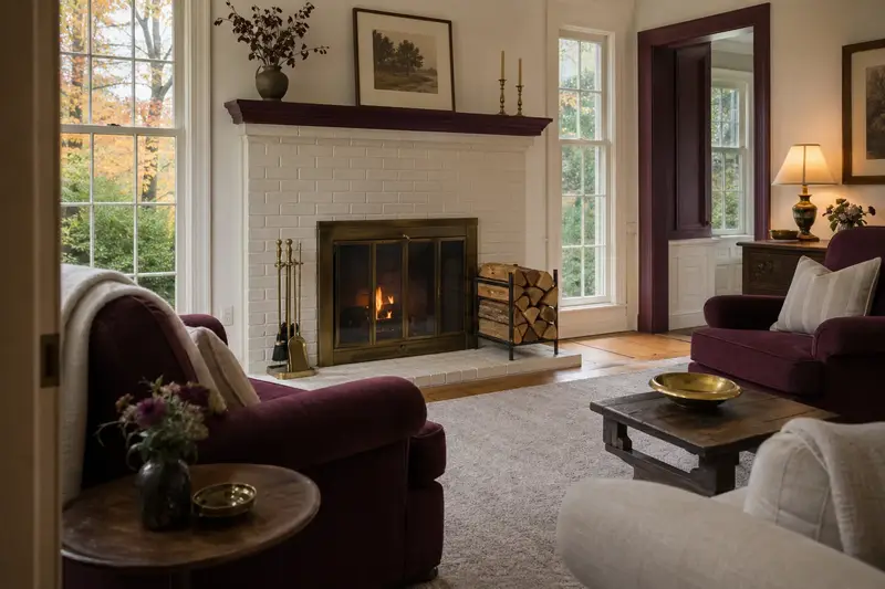 A tidy hearth room with an open masonry wood-burning fireplace, a cleared hearth, fireplace tools and split firewood; illustrative image