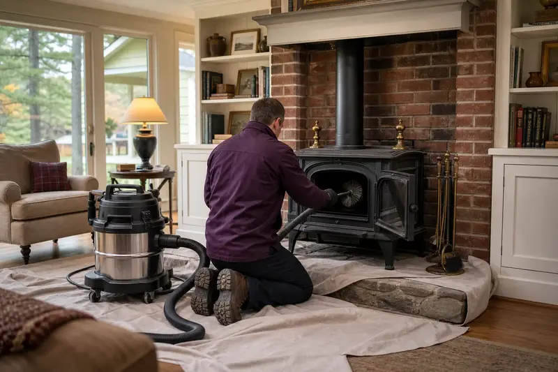 A technician kneeling at a cast-iron wood stove on a stone hearth pad with a sealed vacuum and drop cloths, the fireplace cold and unlit; illustrative image