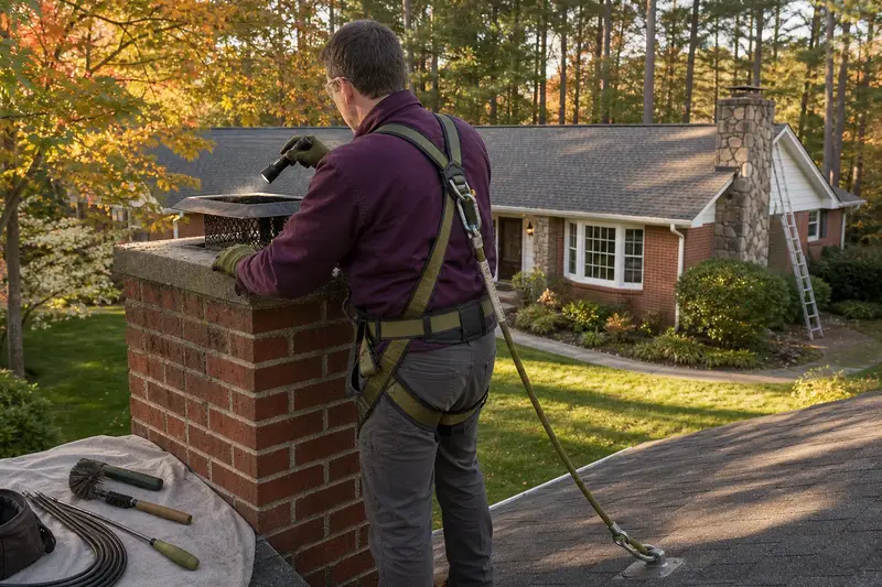 A harnessed technician examining the top of an exterior end brick chimney on a gable roof with a flashlight from a dry roof surface; illustrative image