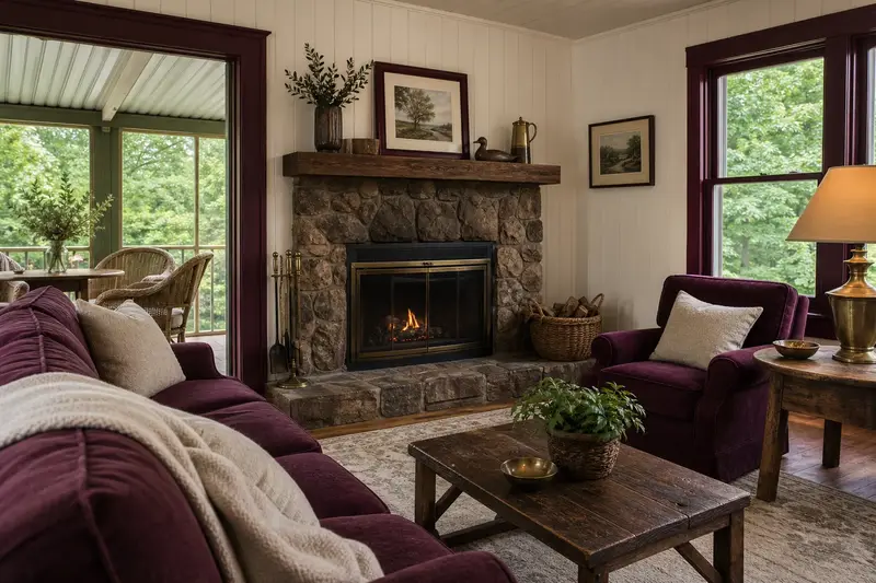 A summer living room with a factory-built wood-burning fireplace with a stone facing, glass doors closed and green trees outside the windows; illustrative image