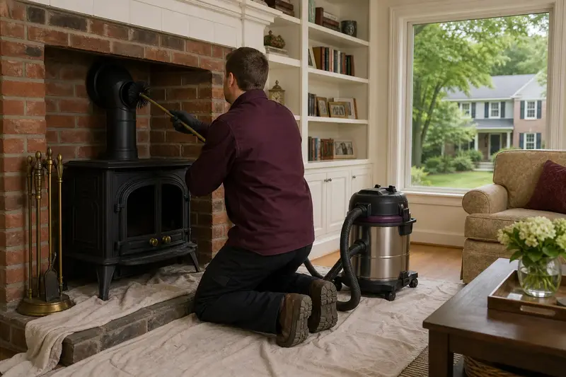 A technician brushing the flue of a cast-iron wood stove on a stone hearth pad on a humid summer day, drop cloths on the hearth; illustrative image