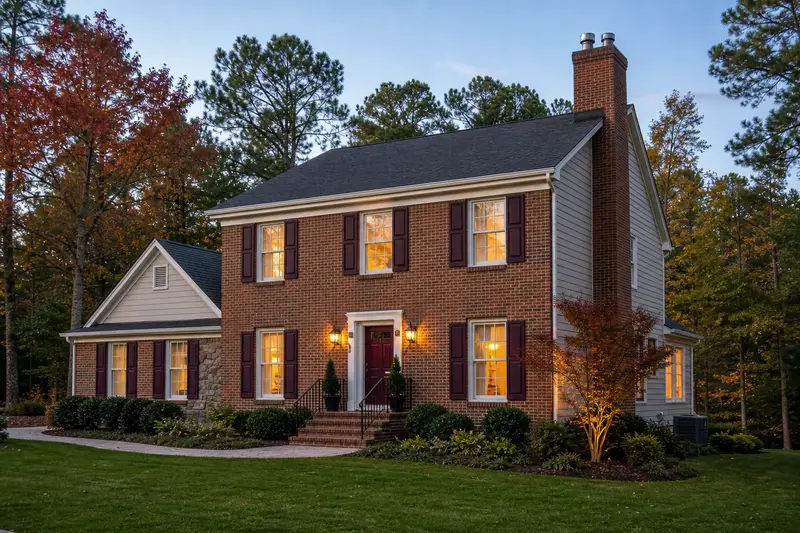 A 1990s two-story brick colonial-style suburban house with a two-flue brick chimney with a stainless steel cap rising above the roof; illustrative image