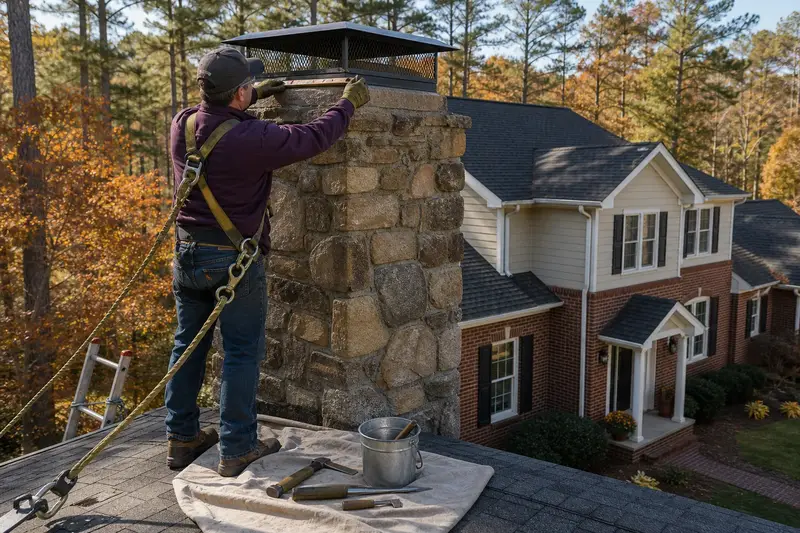 A harnessed mason measuring the crown of a fieldstone chimney with a metal cap with a folding rule; illustrative image