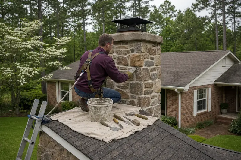 A harnessed mason repointing mortar joints on a fieldstone chimney with a metal cap with a pointing trowel; illustrative image