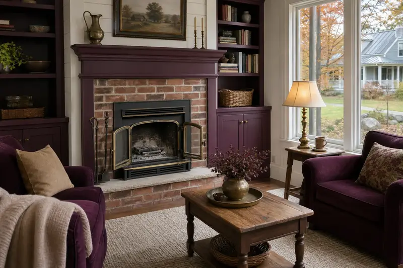 A hearth room with a wood-burning insert in a brick opening and a clean, cold firebox; illustrative image