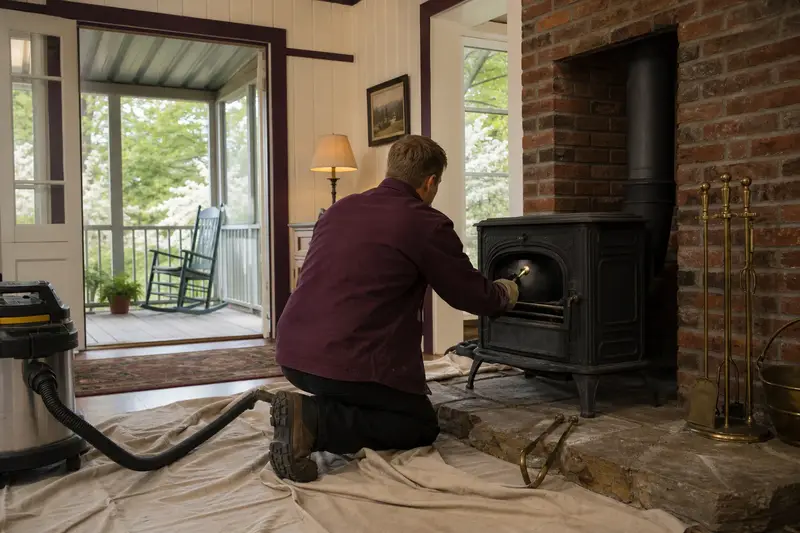 A technician working the stiff damper handle of a cast-iron wood stove on a stone hearth pad by flashlight, the fireplace cold; illustrative image