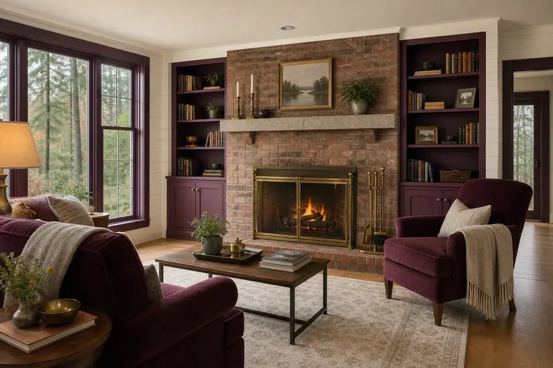 A restored hearth room with an open masonry wood-burning fireplace, a clean hearth and brass fireplace tools; illustrative image