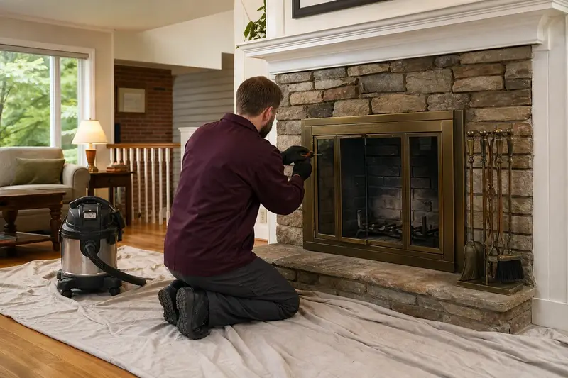 A technician adjusting the glass doors of a factory-built wood-burning fireplace with a stone facing with a hand tool, the fireplace unlit; illustrative image