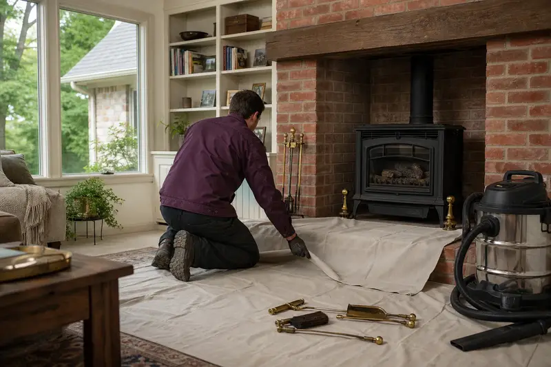 A technician laying drop cloths before servicing a freestanding gas stove, the fireplace cold; illustrative image
