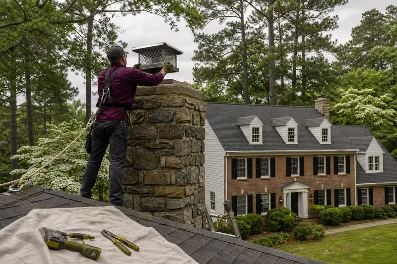 A harnessed technician setting a stainless steel mesh chimney cap onto a fieldstone chimney with a metal cap; illustrative image