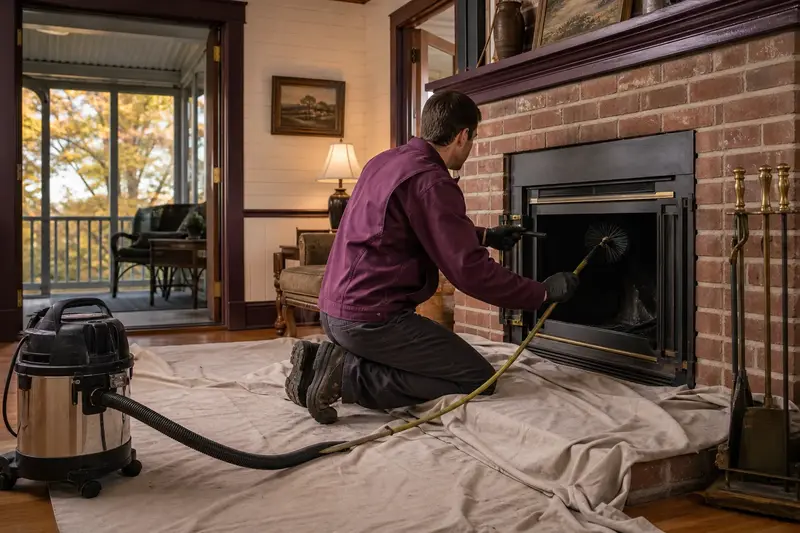 A technician feeding a rotary chimney brush up the flue of a wood-burning insert in a brick opening, drop cloths and a sealed vacuum on the hearth; illustrative image
