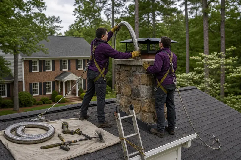 Two harnessed technicians feeding a stainless steel liner into a fieldstone chimney with a metal cap from a dry roof; illustrative image