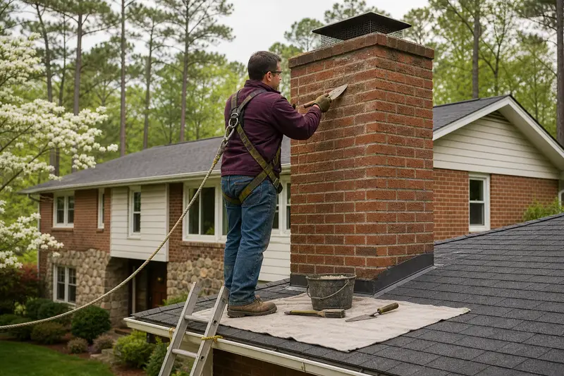 A harnessed mason repointing mortar joints on an exterior end brick chimney on a gable roof with a pointing trowel; illustrative image
