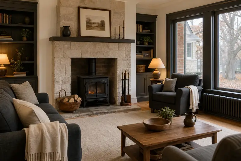 A tidy hearth room with a cast-iron wood stove on a stone hearth pad, a cleared hearth, fireplace tools and split firewood; illustrative image
