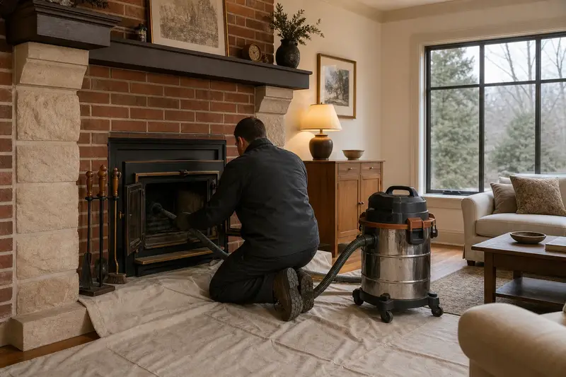 A technician kneeling at a wood-burning insert in a brick opening with a sealed vacuum and drop cloths, the fireplace cold and unlit; illustrative image