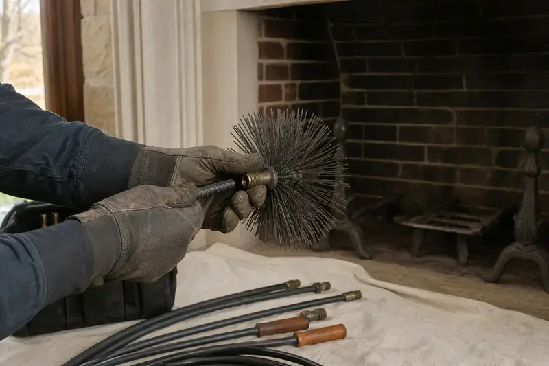 Gloved hands fitting a round wire brush onto a flexible rod at the hearth of an open masonry wood-burning fireplace; illustrative image