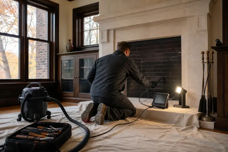 A technician guiding an inspection camera into the firebox of an open masonry wood-burning fireplace, the fireplace cold and unlit; illustrative image