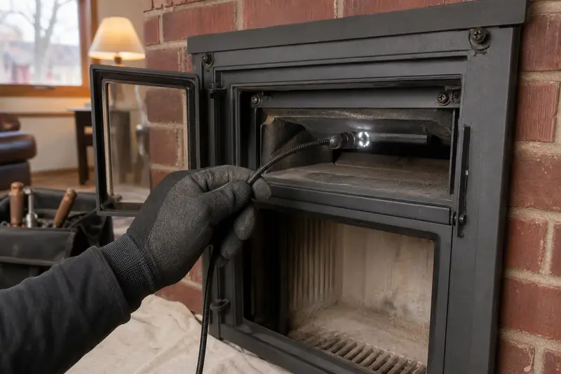 An inspection camera head on a flexible cable at the damper opening of a wood-burning insert in a brick opening; illustrative image