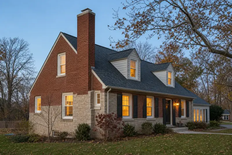 A 1950s brick-and-sandstone house with a red brick chimney with a concrete crown and neat mortar joints; illustrative image