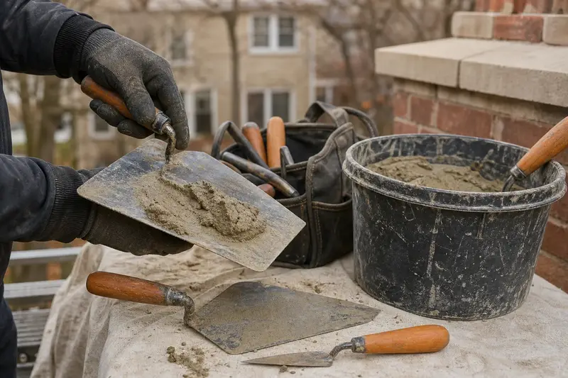 A mortar hawk, trowels and a bucket of mixed mortar set on a roof work platform; illustrative image