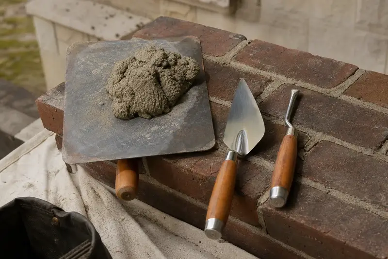 A mortar hawk, pointing trowel and jointer resting on sound brick at a chimney shoulder; illustrative image