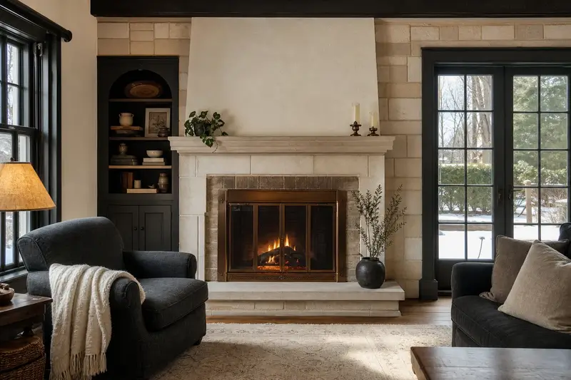 A cozy winter room with an open masonry wood-burning fireplace, glass doors closed and a wool throw on a chair; illustrative image