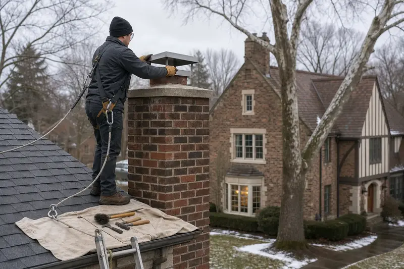 A harnessed technician installing a top-sealing damper on a tall brick chimney on a steep gable roof; illustrative image