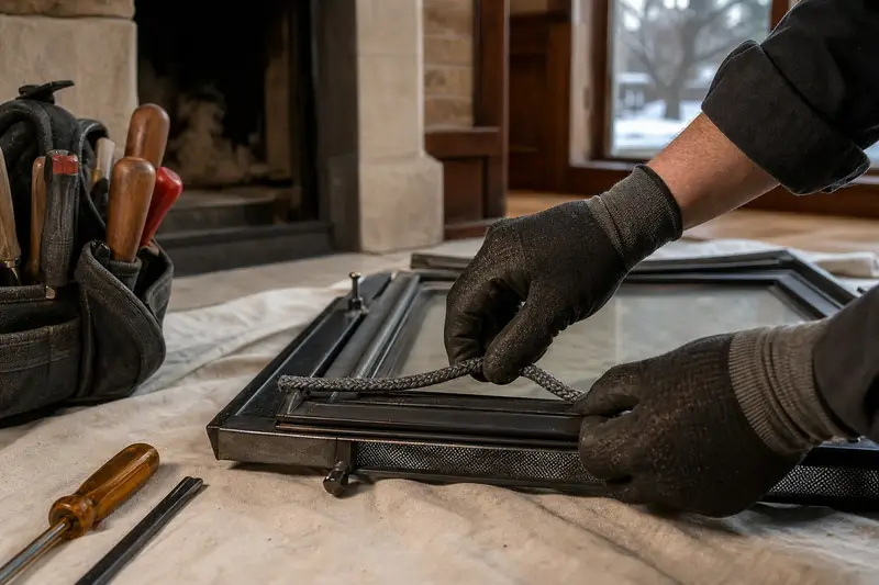 Gloved hands pressing a new gasket into glass fireplace doors; illustrative image