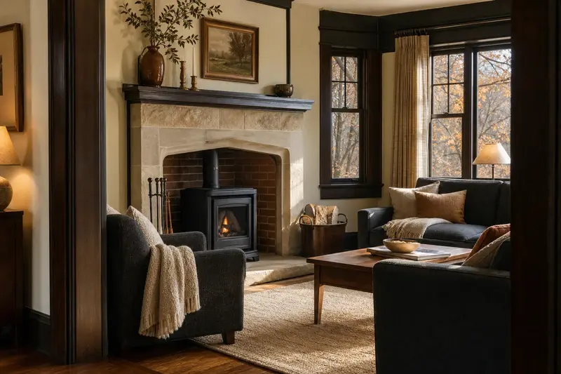 A lived-in family room with a freestanding gas stove, seasoned firewood and wool throws; illustrative image