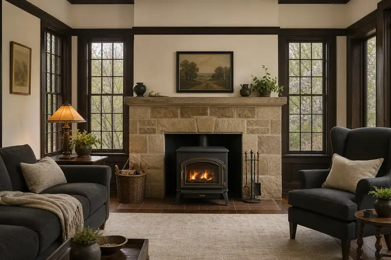 A warm living room with a freestanding gas stove glowing softly behind its glass, no one present; illustrative image