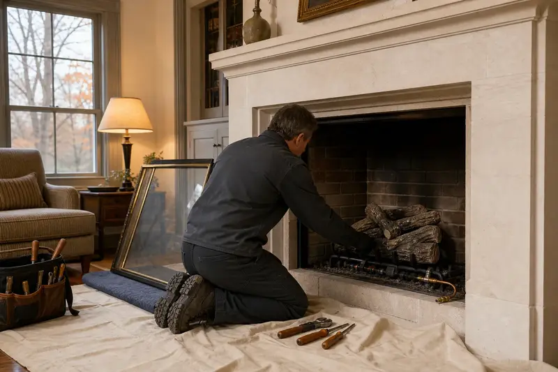 A technician checking the burner and log placement of a vented gas log set in a masonry firebox with the gas off and the glass set aside; illustrative image