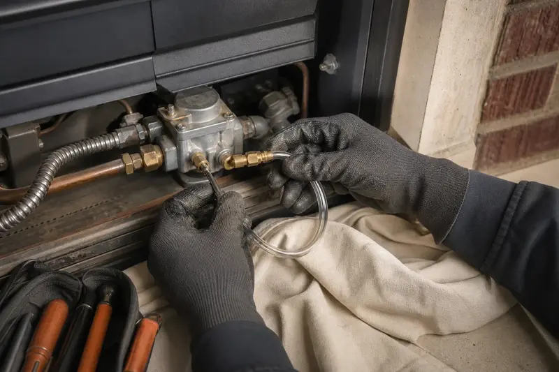 Gloved hands holding a manometer probe at the gas valve beneath a gas insert set in a brick opening; illustrative image