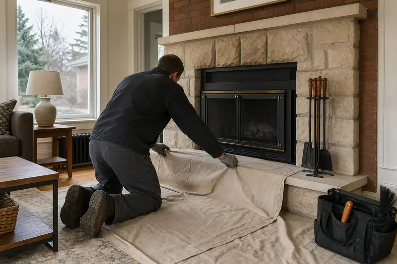 A technician laying drop cloths before servicing a factory-built wood-burning fireplace with a stone facing, the fireplace cold; illustrative image