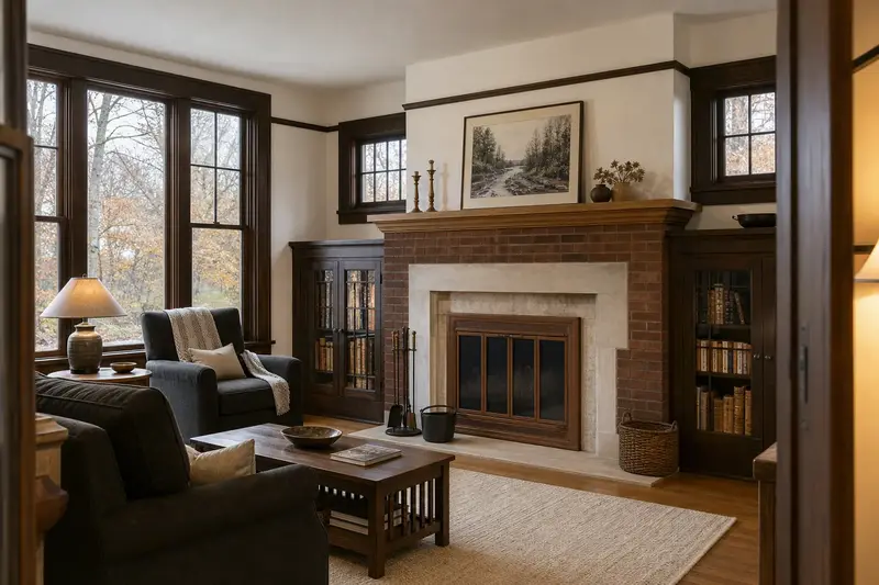 A calm hearth room with a wood-burning insert in a brick opening, glass doors closed and no fire; illustrative image