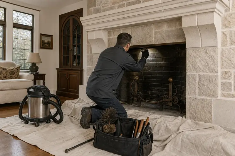 A technician checking the damper and smoke chamber of an open masonry wood-burning fireplace by flashlight, the fireplace cold; illustrative image