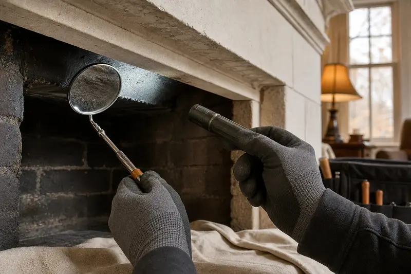 An inspection mirror and flashlight held at the throat of a cold masonry firebox; illustrative image