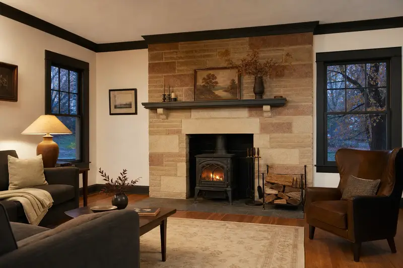 A hearth room with a cast-iron wood stove on a stone hearth pad, split firewood in a steel rack and a clear hearth; illustrative image
