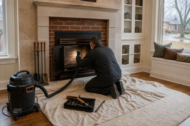 A technician checking the firebox walls of a wood-burning insert in a brick opening with a work light, a drop cloth on the hearth; illustrative image
