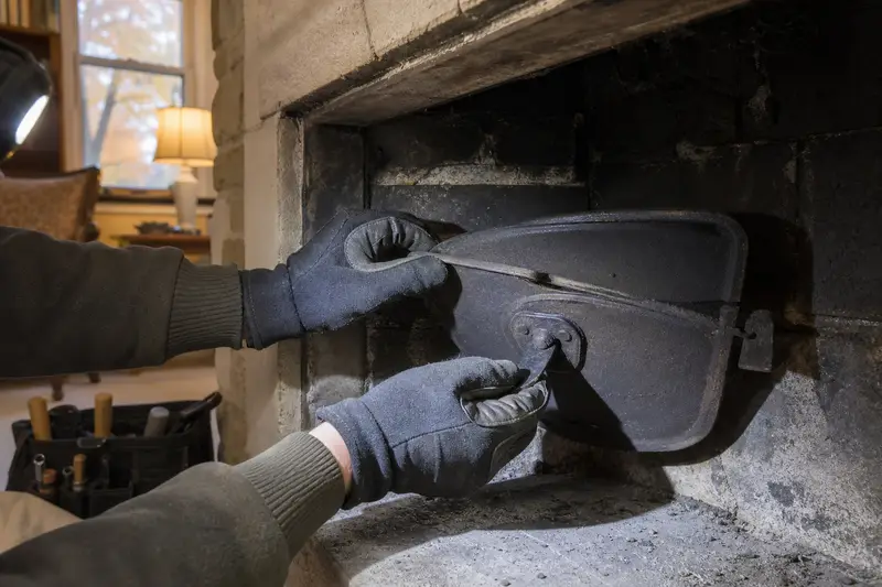 Gloved hands working a cast-iron damper plate inside a cold masonry firebox; illustrative image