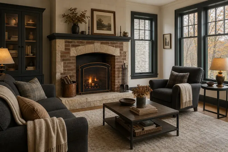 A living room with a wood-burning insert in a brick opening and a small fire behind a screen, no one present; illustrative image