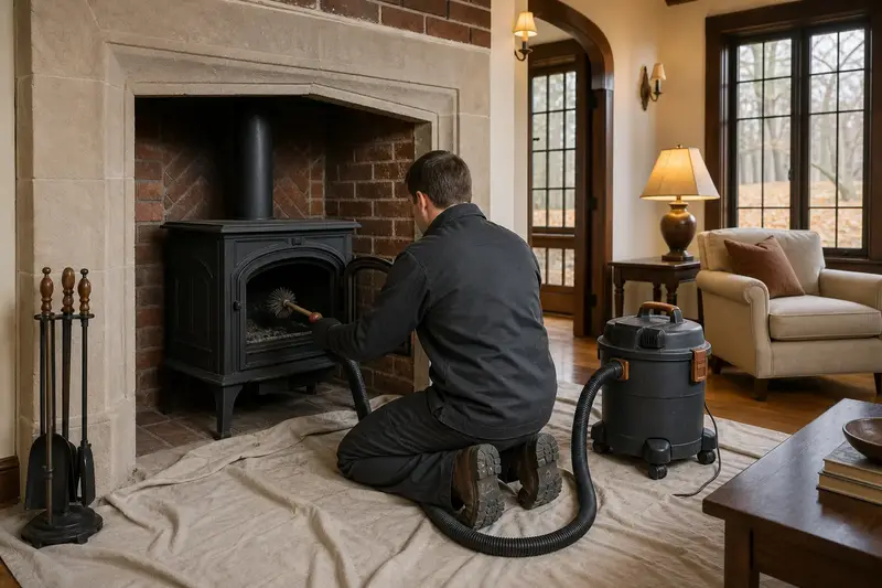 A technician kneeling at a cast-iron wood stove on a stone hearth pad with a sealed vacuum and drop cloths, the fireplace cold and unlit; illustrative image